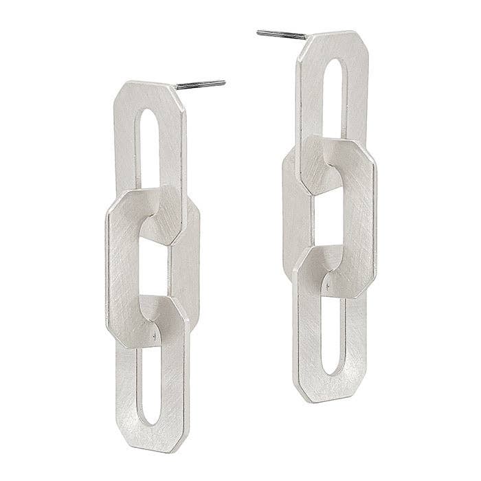 Brushed Silver Link Drop Statement Earrings
